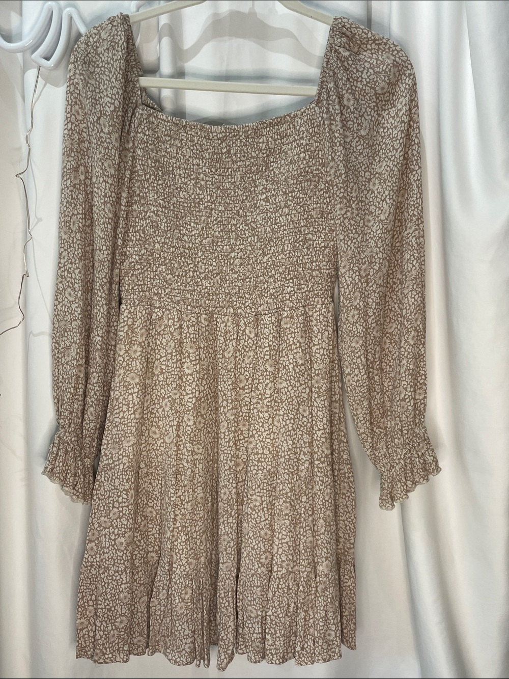 Altar'd State Taupe Floral Smocked Long Sleeve Mini Dress
